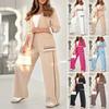 2 Pcs/Set Women Suit Coat Pants Suit Turn-down Collar Long Sleeves Stretchy Hem Jacket Wide Leg High Waist Trousers Commuting Office Outfit