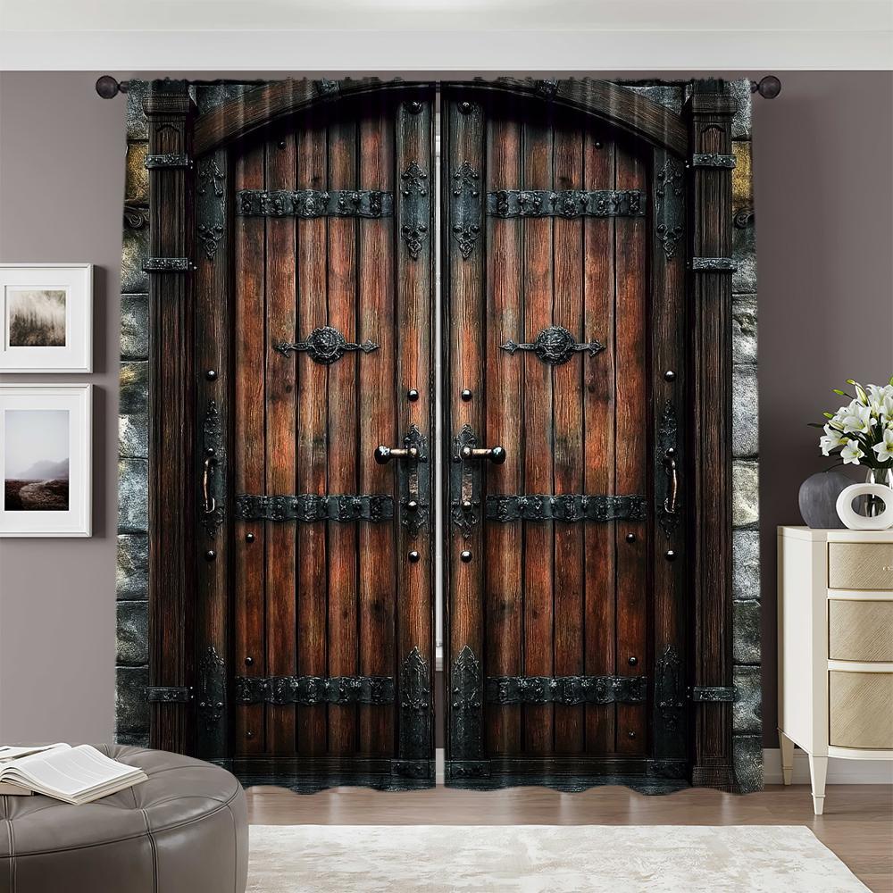 2 шт. весна лето Занавески Винтажная железная деревянная дверь принт Светофильтрующие полупрозрачные занавески Универсальные тканевые украшения Внутри