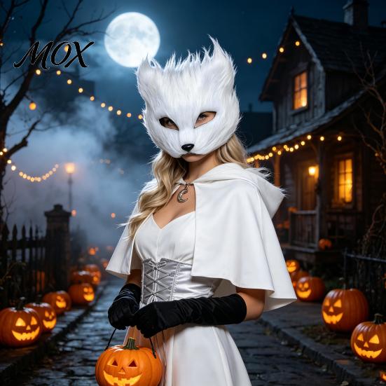 Adjustable Elastic Strap Mask Long Fur White Fox Half Face Mask, Halloween Masquerade Cosplay Furry Elegant Fairy for Ancient Style Photoshoot