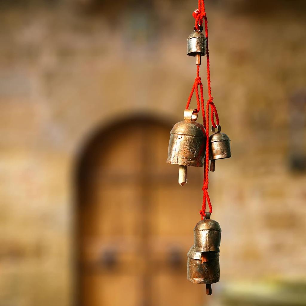 Handmade Rustic Wind Chimes for Outside with 5 Brass-Coated Metal Bells 30 Inch – Boho Outdoor Patio, Garden, Balcony & Farmhouse Decor