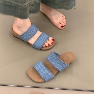 Ретро стиль для отпуска, пляжная обувь на мягкой подошве для женщин, шлепанцы с толстой подошвой, круглым носком и открытым носком