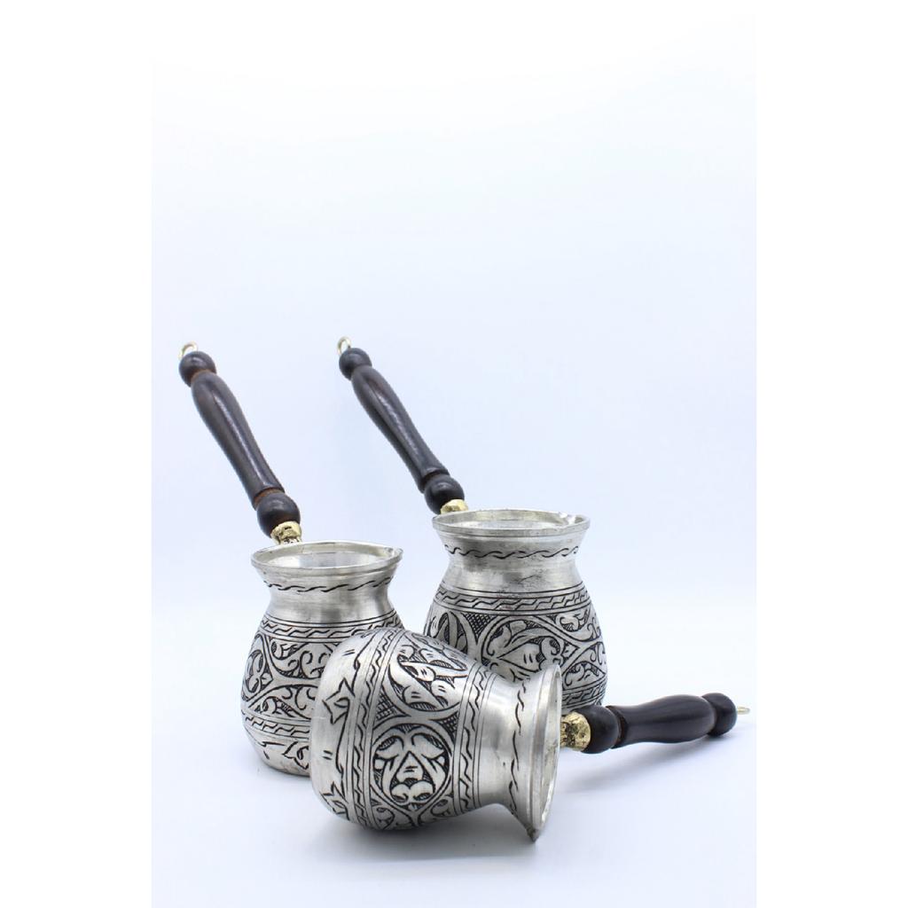 Gaziantep Handcrafted Authentic Copper Coffee Pot Antique Silver Color Copper 3 Piece Coffee Pot Set