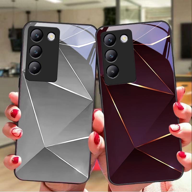 Геометрический принт Для Y72 33S 11 03 36 96 Lite 35 16 Iqoo 12 V40 SE 5G 29 40 21 30 X80 Pro Vivo Чехол для телефона из закаленного стекла Черный