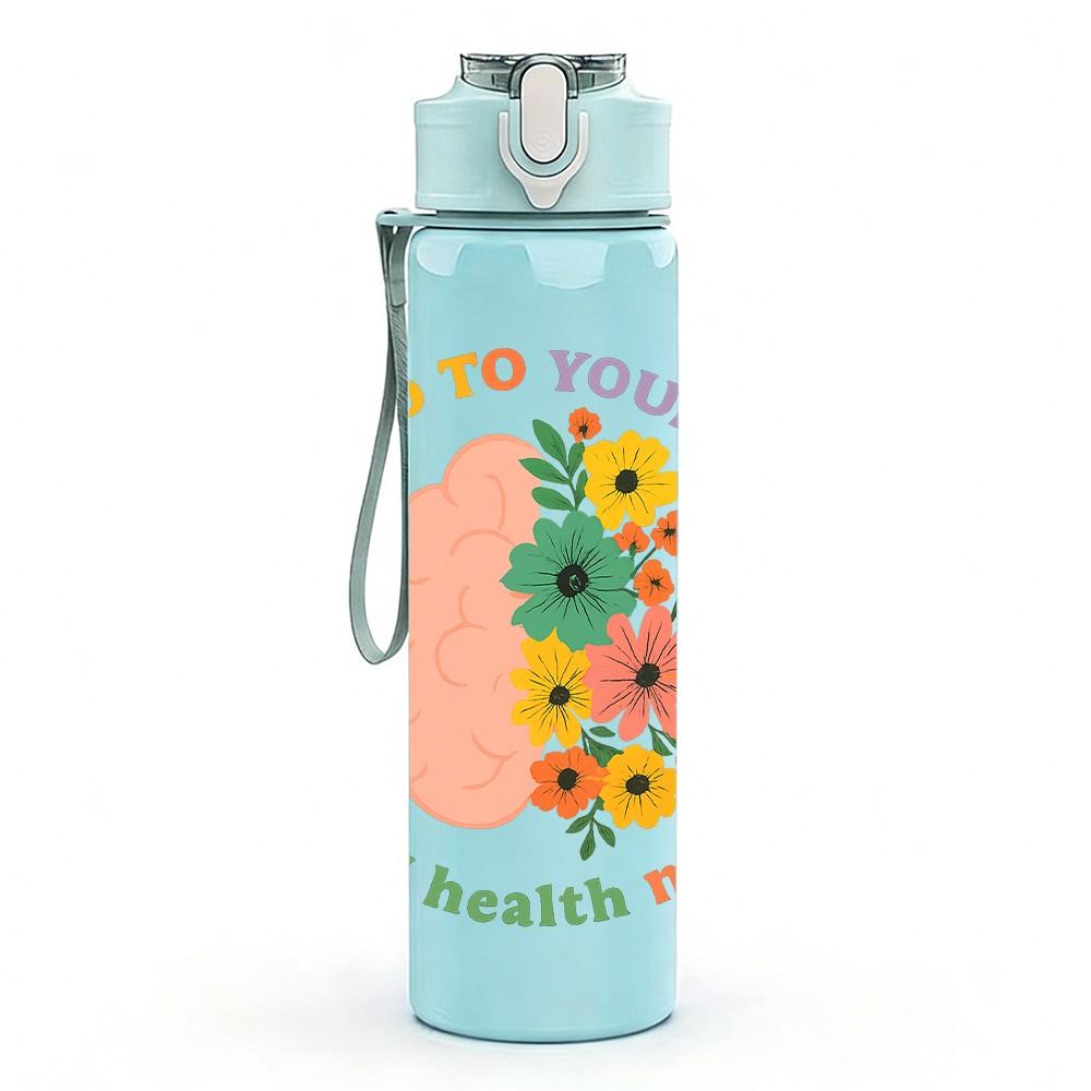 1PC Be Kind To Your Mind Floral Circle 750ml Color Plastic Sports Water Bottle Leakproof Flip Straw Lid Suitable for Sports Office Home Use