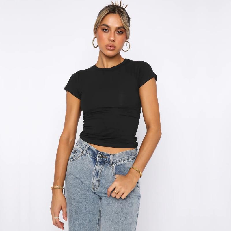 Y2K Топ, белая повседневная рубашка, сексуальная футболка с круглым вырезом и коротким рукавом, модные футболки, универсальная одежда, пуловеры, футболки 25939