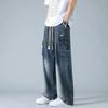 Summer Men's Straight Jeans Multi-Pockets Wide Leg Denim Cargo Pants Lightweight Baggy Jeans Trousers
