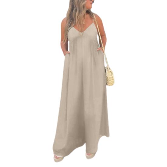 Women Jumpsuit Deep V Neck Backless Wide Pure Leg Loose Sleeveless Color Pleated Spaghetti Strap Casual Vacation Beach