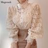 Vintage Solid White Lace Blouse Shirts Women Korean Button Loose Shirt Tops Female Hollow Casual Ladies Blouses 12928