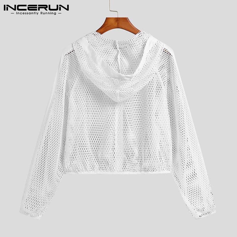 INCERUN Летние спортивные укороченные топы для женщин и мужчин в сетку, прозрачные укороченные топы с длинными рукавами и капюшоном, модные прозрачные мешковатые повседневные рубашки на молнии