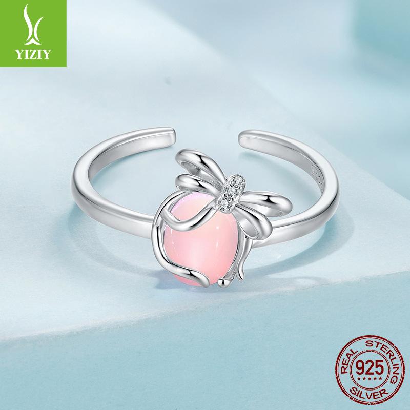 Pink Bow Open Ring For Girlfriend, Sweet And Romantic S925 Sterling Silver Ring Jewelry.