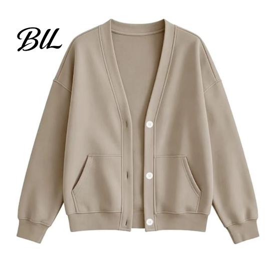Fall Winter Casual Jacket Women Button Front V-Neck Cardigan, Solid Color Oversized Sweatshirt with V Neck Cardigan Dual Pockets, Long Sleeve