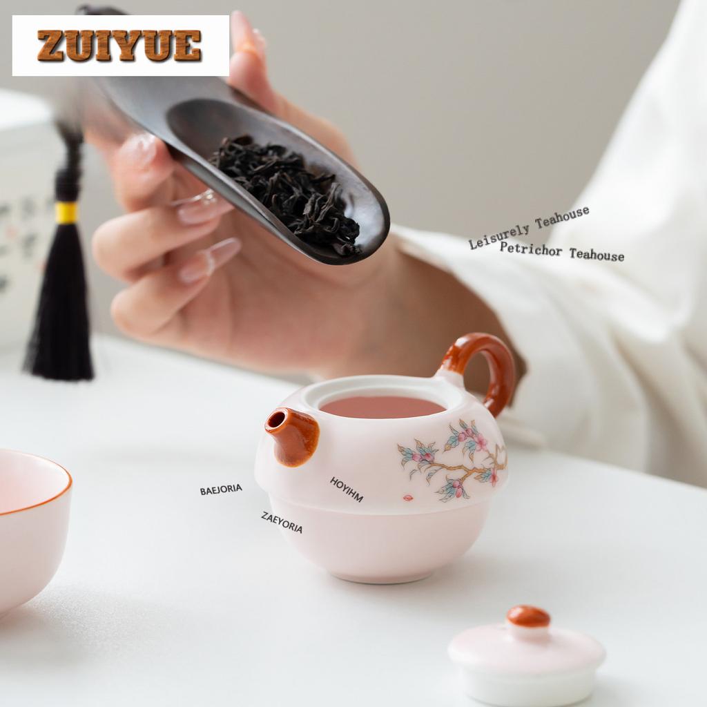 Pink Ru Kiln Hand Painted Flowers Travel Tea Set Kit Aesthetic 1 Pot 1 Cups Tea Maker Organizer Portable Picnic Tote Bag Gift