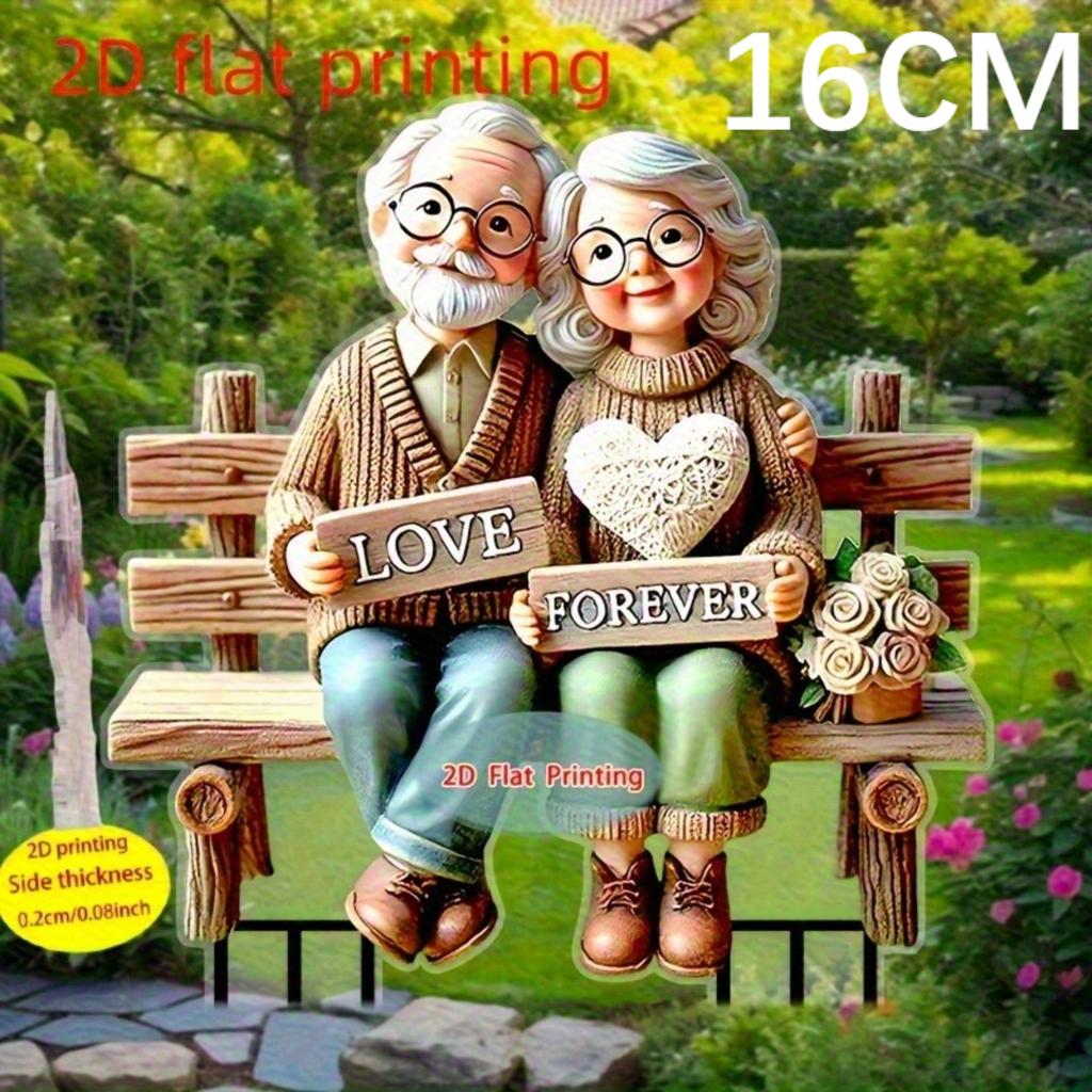 Романтические дедушка и бабушка на скамейке, 2D, Декоративный колышек для сада, для газона, цветочного горшка, патио, Идеальный подарок на праздник и для пожилых, Идеальное украшение для сада