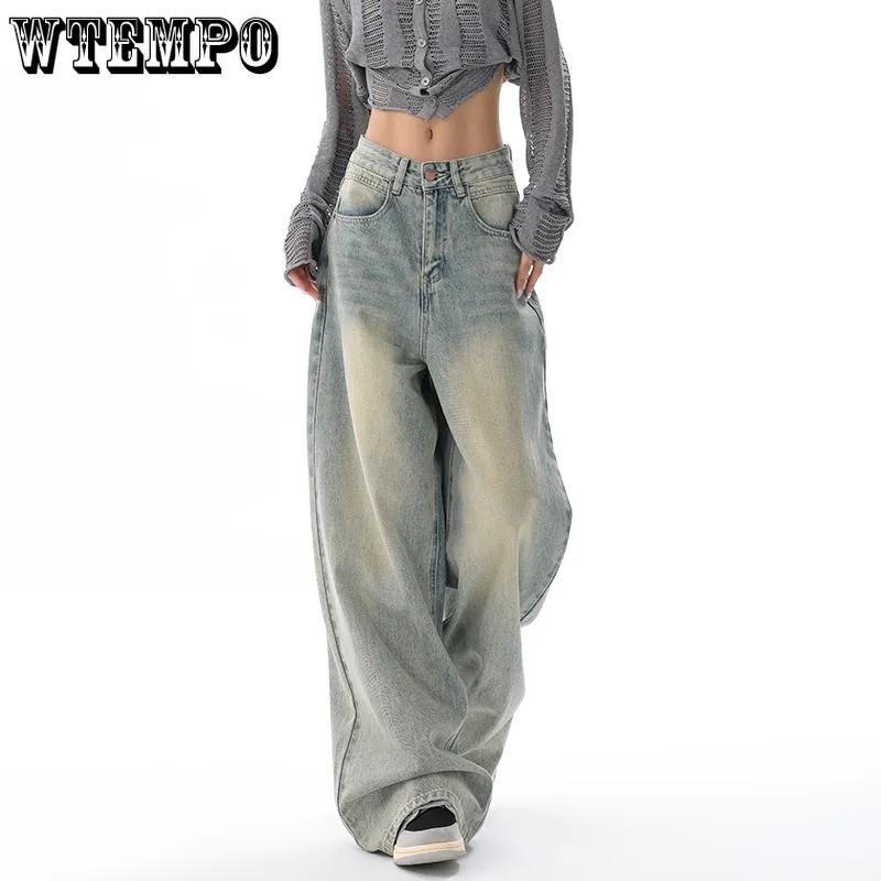 WTEMPO All Season American Retro High Waist Jeans Women Casual Loose Long Wide Leg Denim Pants with Pockets Streetwear