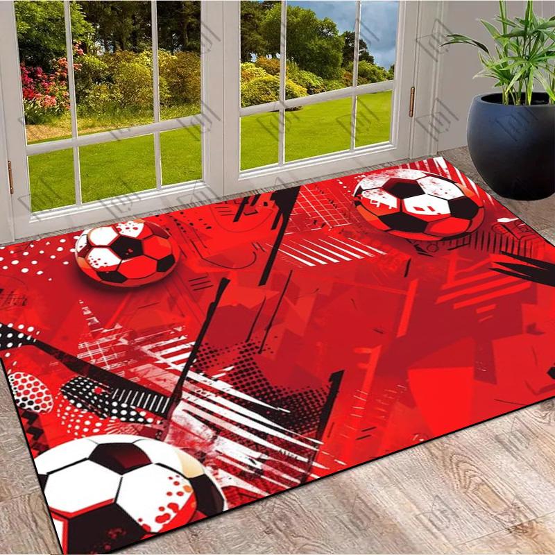 Red Graffiti Soccer Ball Geometric Print Area Rug Sport Theme Non Slip Rectangular Floor Mat Football Fan Gaming Room Bedroom Decor Rug