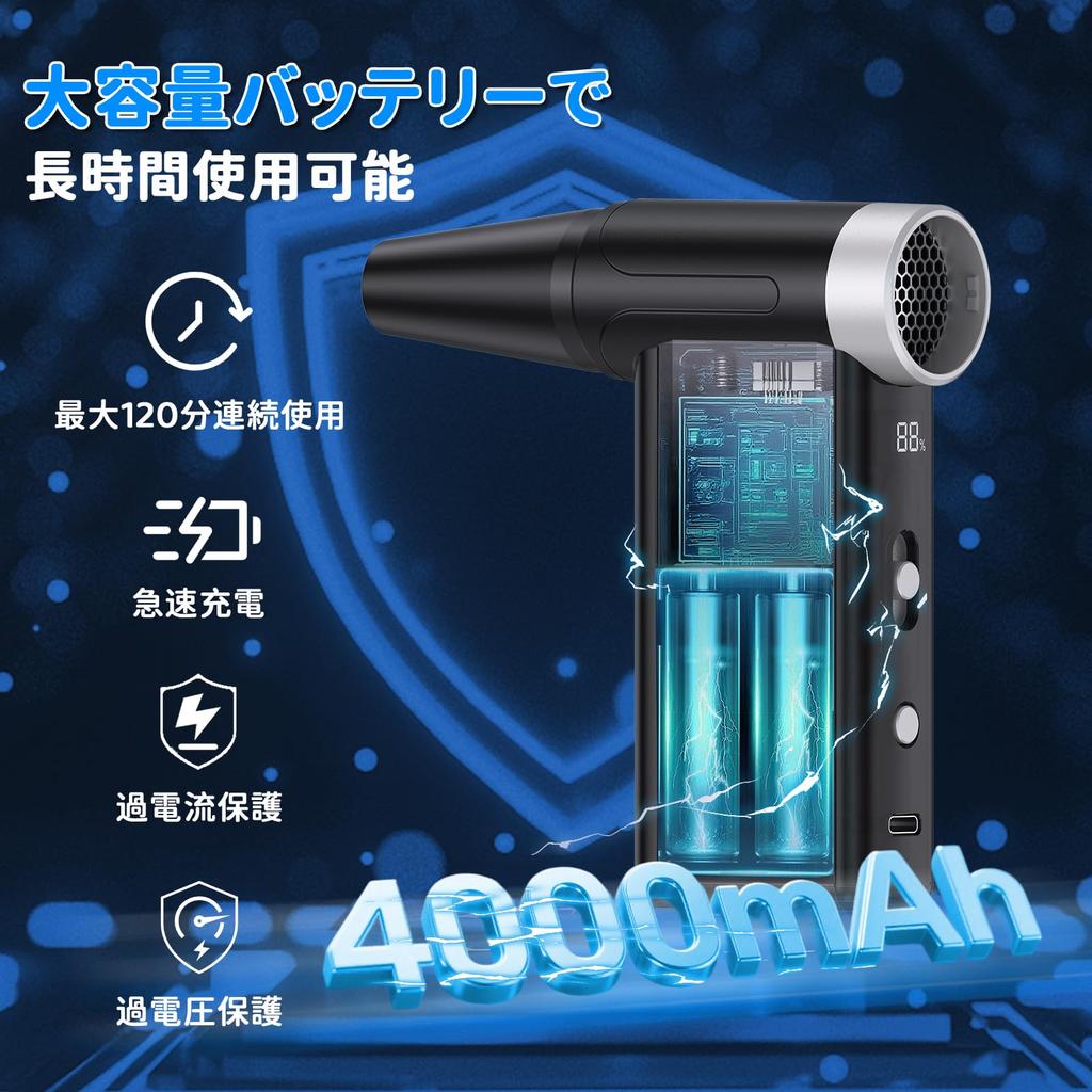 Jidoutya Компактный электрический воздуходув Супервоздушный поток Максимальная скорость воздуха 67 Воздуходув для мойки автомобиля с ЖК-дисплеем 4000 мАч Быстрая до 120 минут непрерывной работы для автомобиля