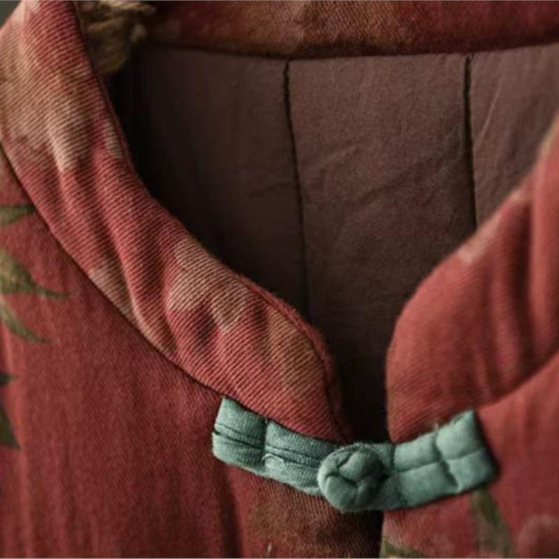 Johnature Woman Winter Vintage Chinese Style Print Long Sleeves Fashion Loose Single Breasted Coats