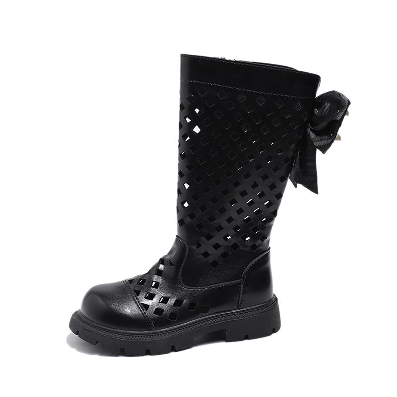 Детские полые сапоги для девочек, летние высокие сапоги, модные детские сапоги для принцессы с узлом-бабочкой, нескользящие, британский стиль