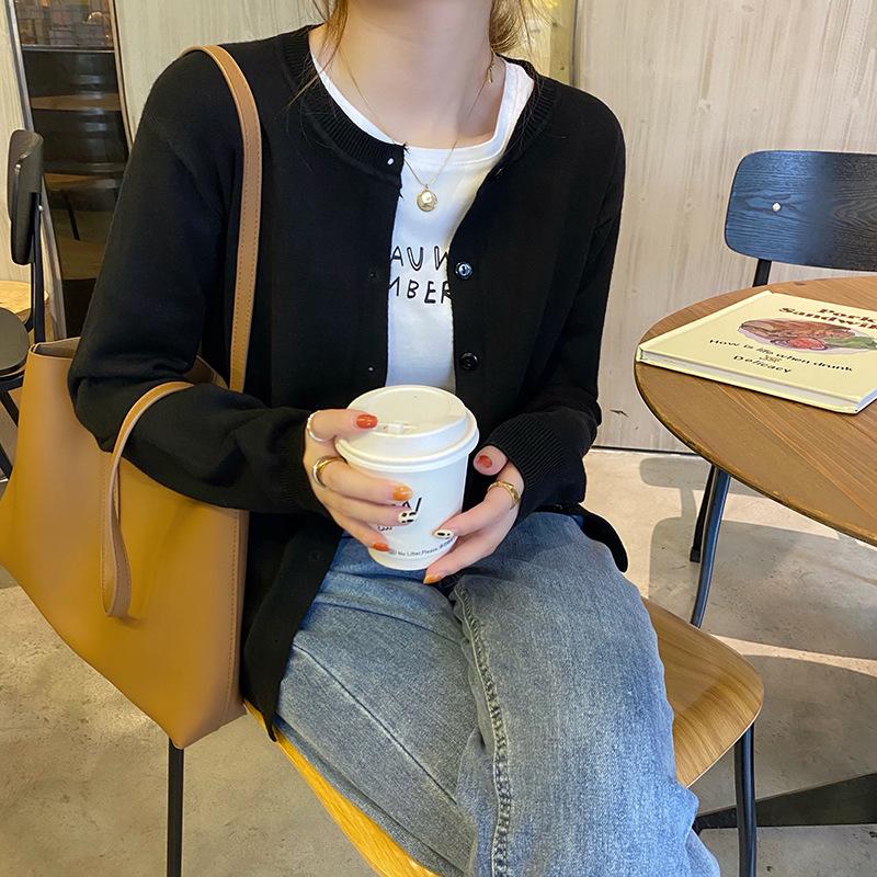 Кардиган вязаный свитер женский весенне-осенний наружный ленивый круглый вырез однотонный однобортный короткий топ