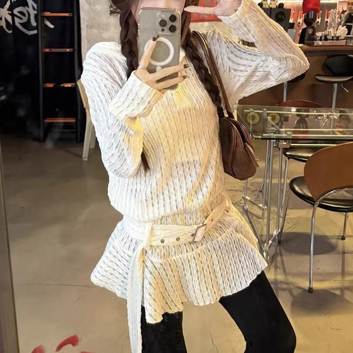 Korean-style hollow lace ruffle long-sleeve dress for women, new spring and autumn niche semi-transparent design hooded sweatshirt dress