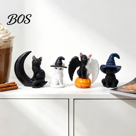 Witch Hat Cat Decor Halloween Figurine, Resin Hat/Moon/Pumpkin/Skull Statue Cute Spooky Sculpture for Tabletop, Mantel, Shelf, Desk Black And