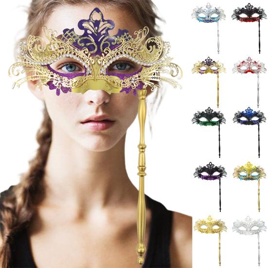 Fancy Party Masque Metal Masque with Handheld Stick Half Face Venetian Masque with Rhinestones for Women Men Prom Ball Mardi Gras Masquerade