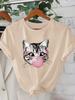 Camiseta Informal Demanga Corta Con Cuello Redondo Para Mujerlindo Gato Que Sopla Chicle Estampado Gráfico Estilo Callejero Para