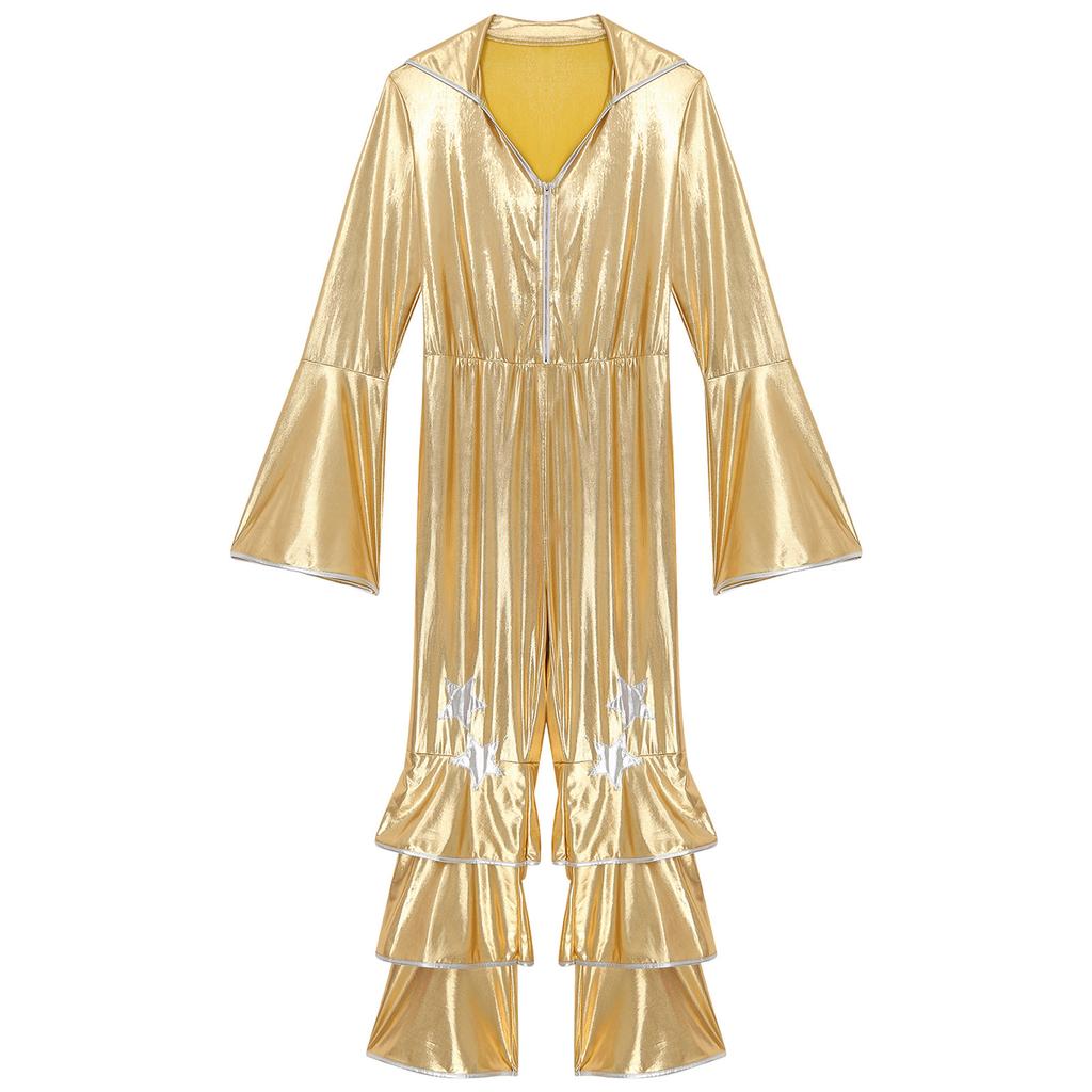 Women Flared Jumpsuit Bar Nightclub Disco Costume Sparkle Retro Cosplay Prom Party Costume 70s 80s Disco Outfit One Piece