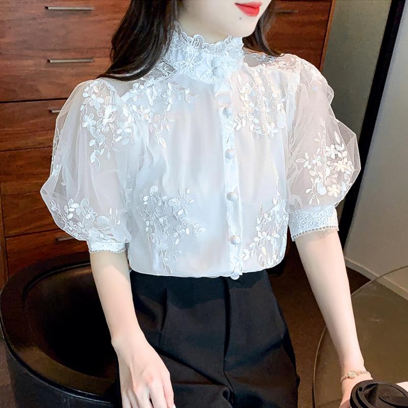 Белая кружевная рубашка с рукавами-фонариками в стиле ретро, модная женская элегантная шифоновая блузка с вышивкой, женские сетчатые летние топы Mujer Blusas 25068