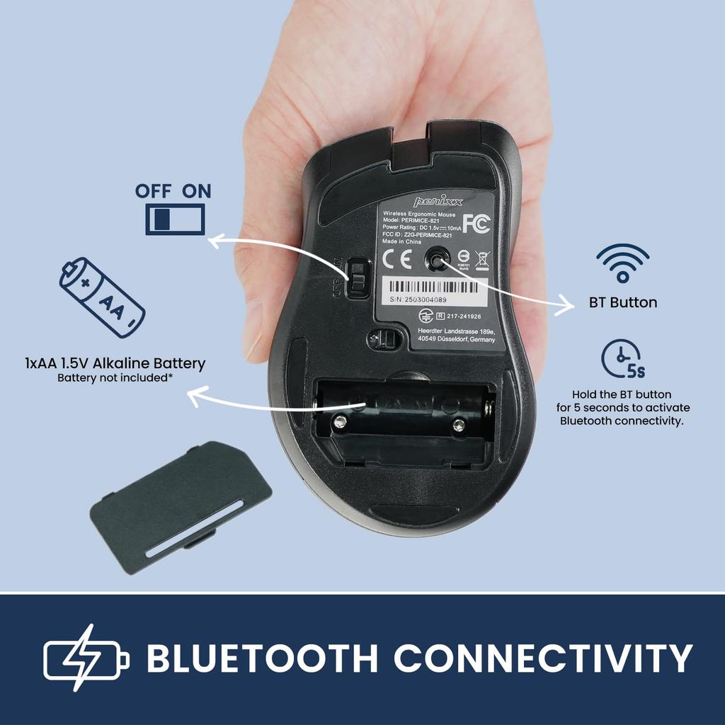Perixx Беспроводная эргономичная мышь PERIMICE-821IB, цвет "железный черный", Bluetooth, дизайн,