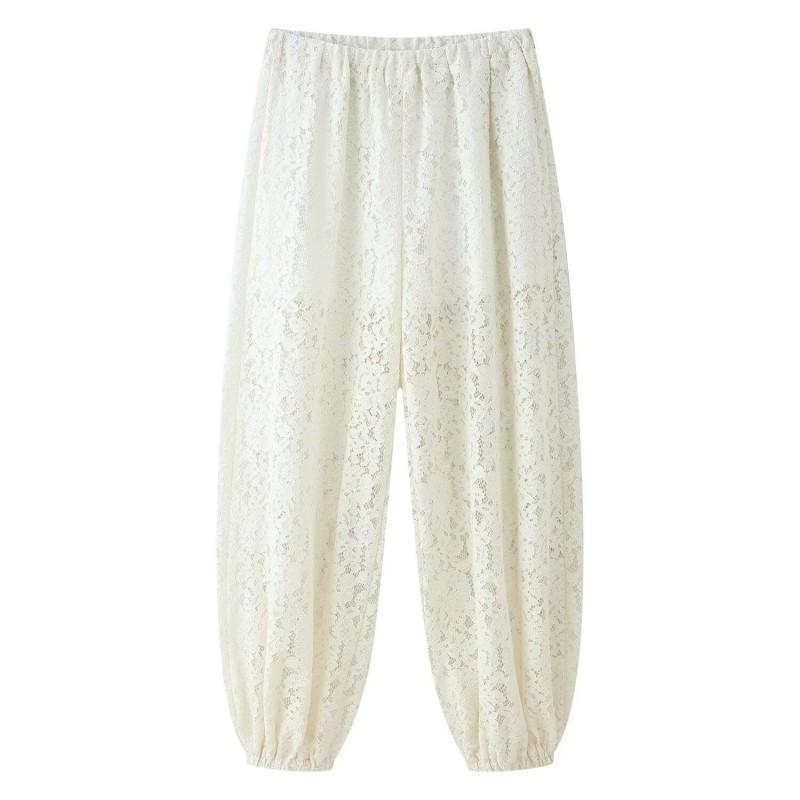 ZA 2026 French Minimalist Lace Cutout Elastic Waist Tapered Pants Womens Elegant Versatile Trousers