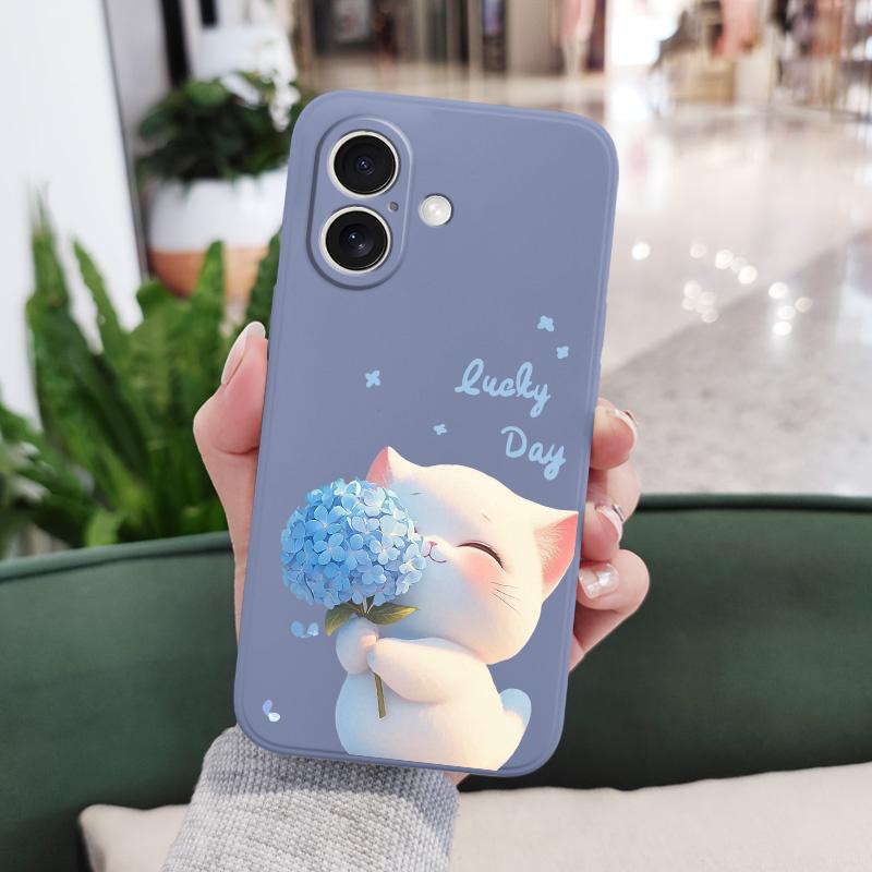 Синий Шелковый Чехол для Телефона с Кошкой Для iPhone 16 16e 15 14 13 12 11 X XR XS Plus Pro Max Mini Силиконовый Чехол