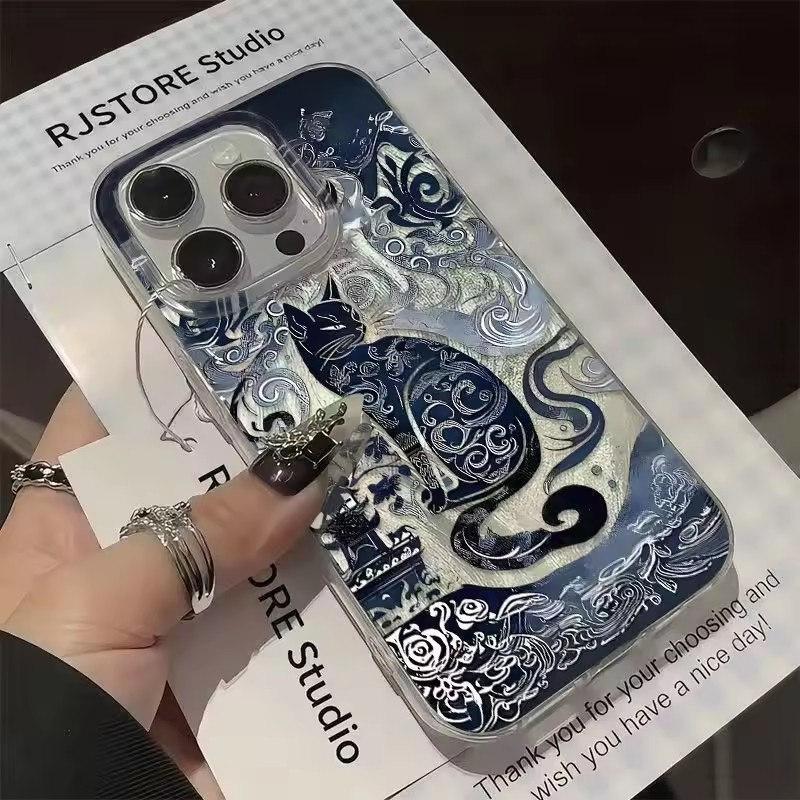 Синий Чехол для телефона с дизайном кота-тотема для iPhone 16 15 Pro Max 14 13 12 11 XS X XR 7 8 Plus 16e Текстура перышка шифона Задняя крышка