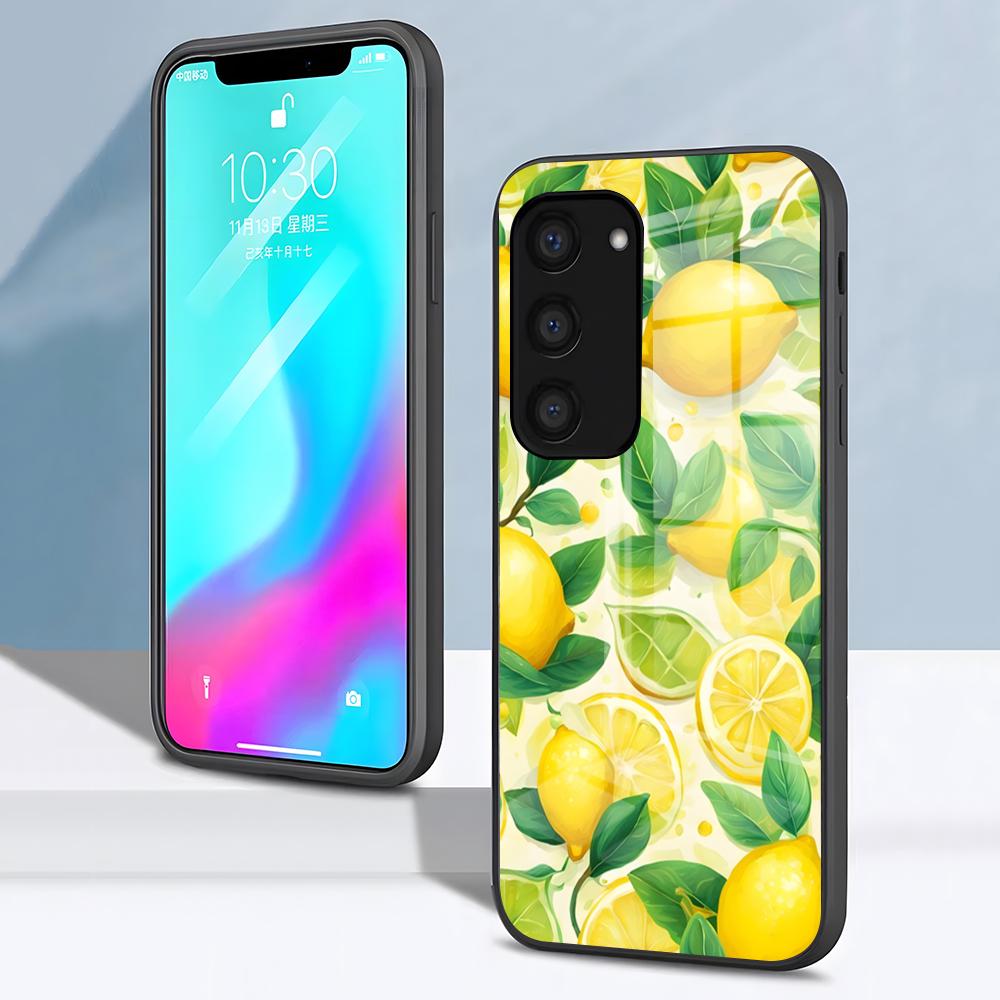 Фруктовый чехол-лимон для телефона Samsung S26 S25 S24 FE S23 S22 S21 Plus S20 Ultra Note20Ultra Черная стеклянная крышка