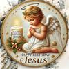 Wooden 1pc Angel Theme "Happy Birthday Jesus" Round 2D Flat Wooden Sign - Wood Decorative Plaque for Door, Wall, Home, Room, Farmhouse, Street, Garage