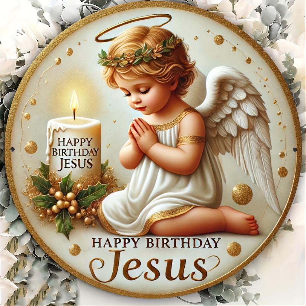 Wooden 1pc Angel Theme "Happy Birthday Jesus" Round 2D Flat Wooden Sign - Wood Decorative Plaque for Door, Wall, Home, Room, Farmhouse, Street, Garage