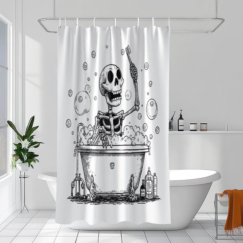 Skeleton Pattern Shower Curtain Set With 12 Hooks Stylish Bathroom Decor Waterproof Shower Liner For Window