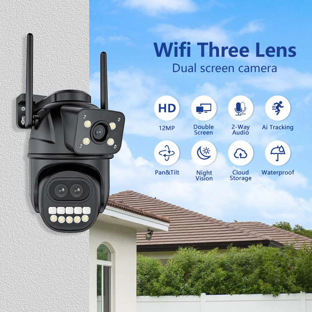 12-мегапиксельная 6K HD внешняя WiFi IP-камера для улицы с 8-кратным зумом, тремя объективами, двумя экранами, функцией автоматического слежения, защитой, видеонаблюдением, приложением iCSee