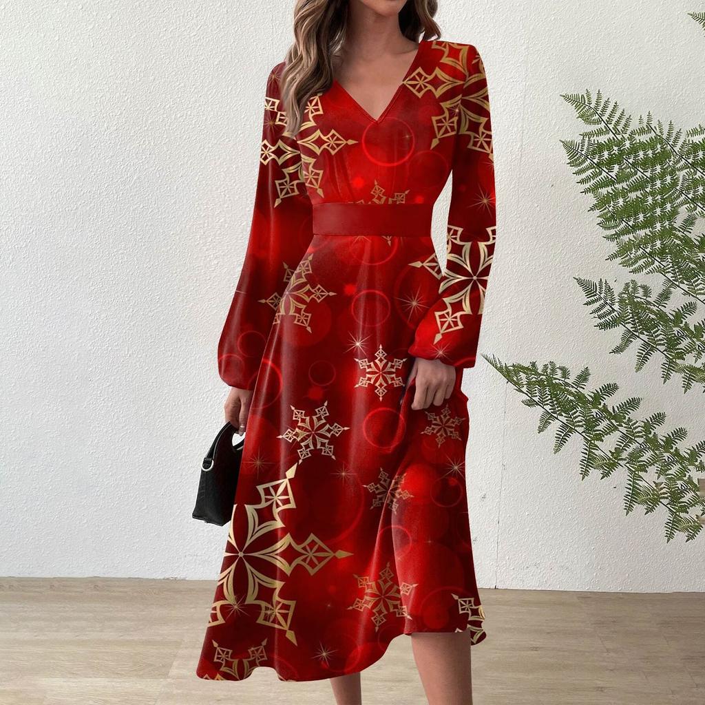 Женское осеннее и зимнее повседневное модное длинное платье с v-образным вырезом и длинным рукавом с рождественским принтом