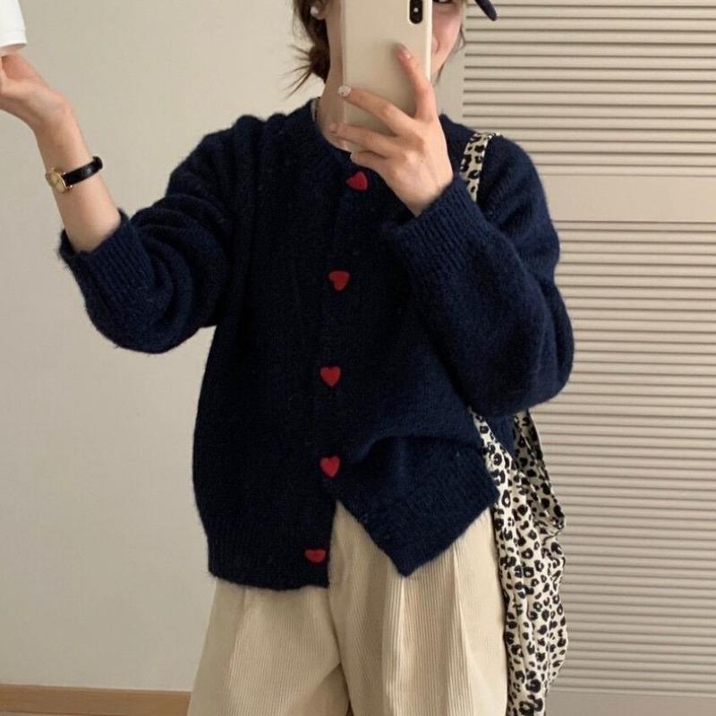 Милый мягкий восковой кардиган с вязаным узором и пряжкой-сердечком, женский, новый, осенне-зимний, свободный, модный, омолаживающий, с круглым вырезом, куртка-свитер