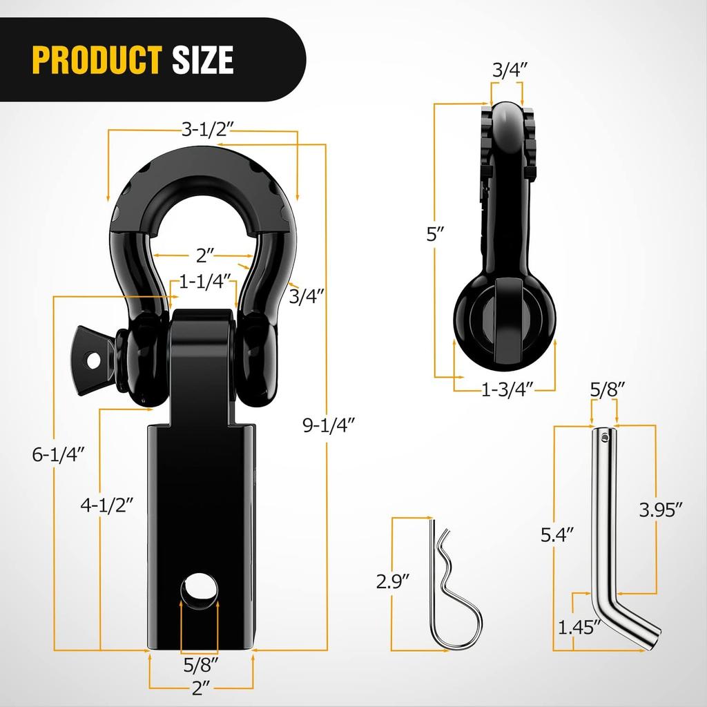 Heavy Duty 2Inch Shackle Hitch Receiver 45000 LBs Breaking Strength with D Ring for Trucks Jeeps Off-Road Towing