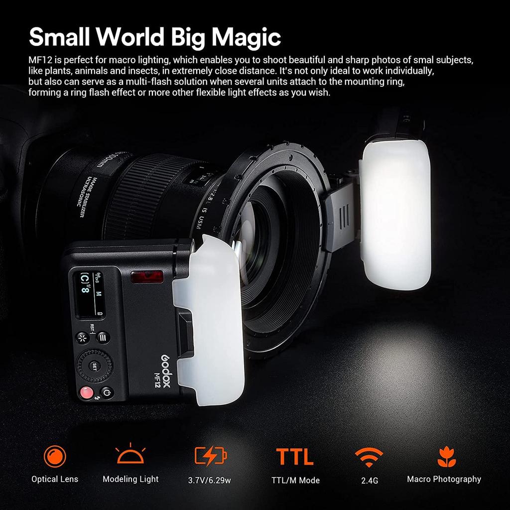 Godox Макро вспышка MF12-K2, TTL 2.4G, Время перезарядки 0.01–1.7 с, Широкий диапазон совместимости, Макрофотография