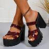 Fashion Cross Band Super High Heels Sandals Women Plus Size Pu Leather Chunky Platform Slippers Thick Sole Non Slip Square Heels Shoes