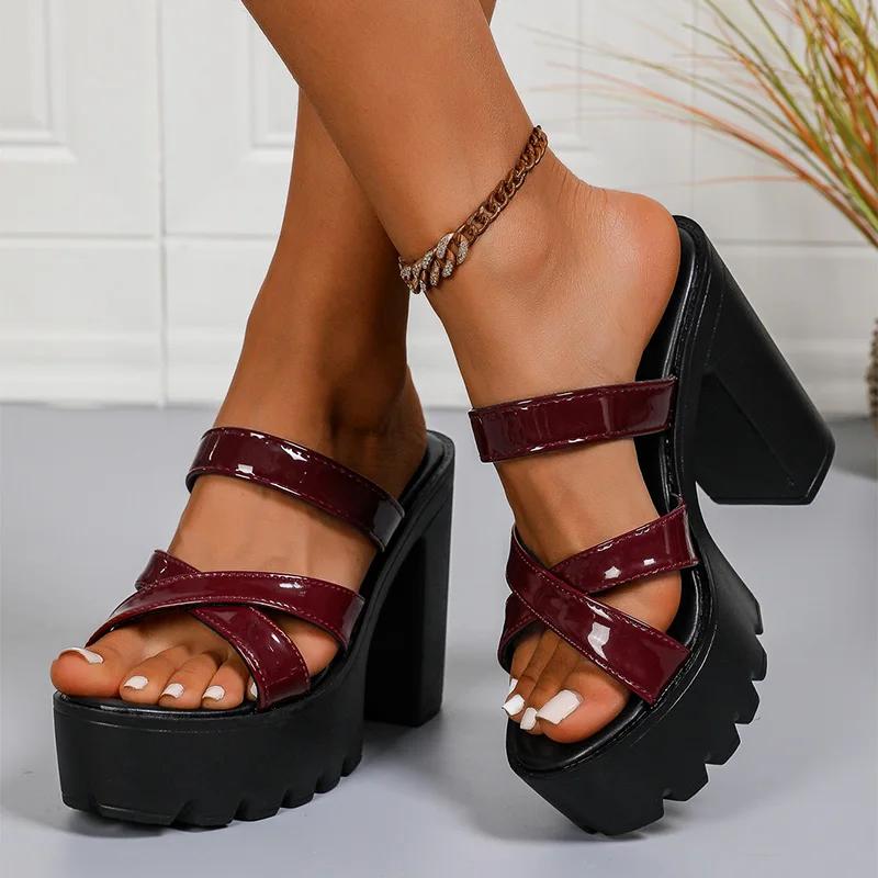 Fashion Cross Band Super High Heels Sandals Women Plus Size Pu Leather Chunky Platform Slippers Thick Sole Non Slip Square Heels Shoes