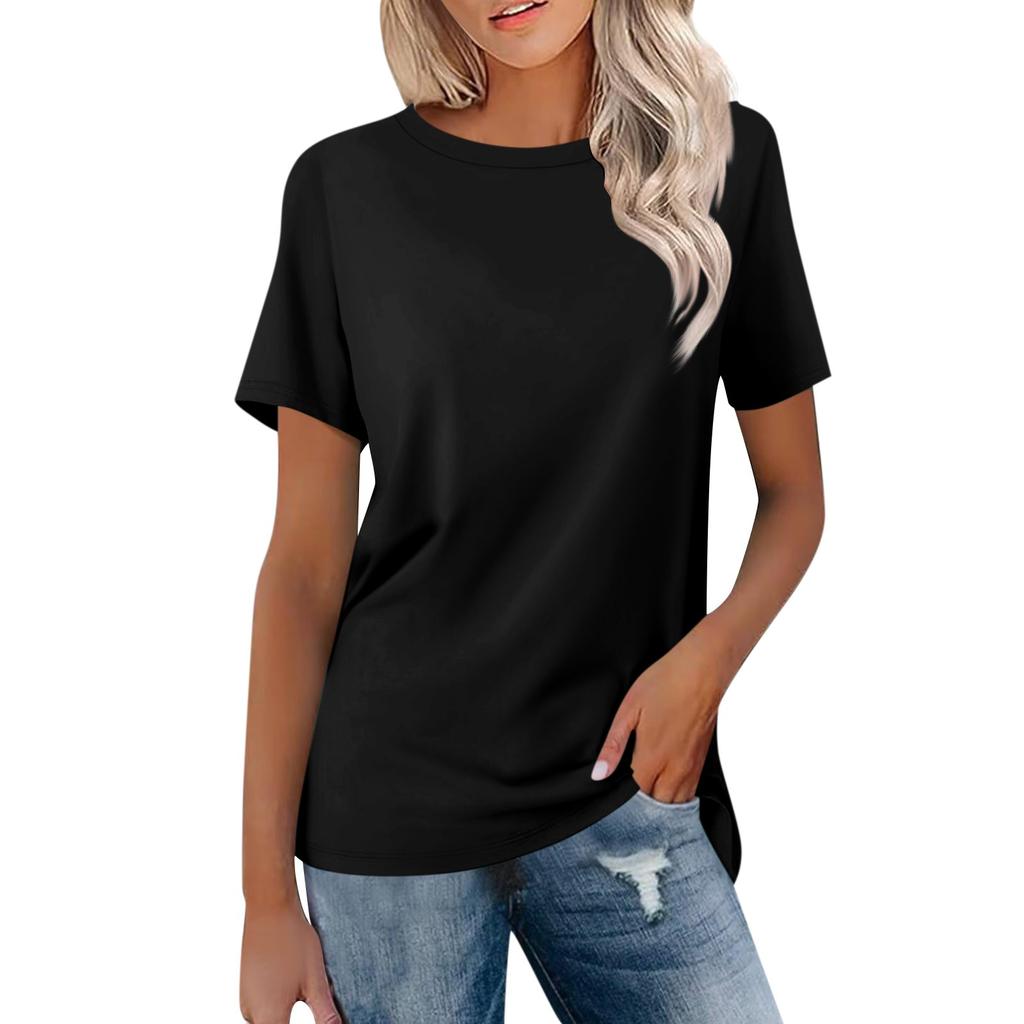 Женская модная повседневная однотонная блузка с круглым вырезом и коротким рукавом