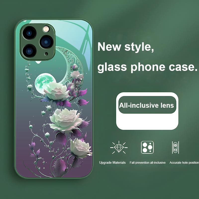 Полнолуние Розово-фиолетовый Изумрудно-зеленый для Iphone 15 14 13 12 11 Pro Max X XS XR 7 8 Plus 2020 2022 SE Закаленное стекло Чехол для телефона