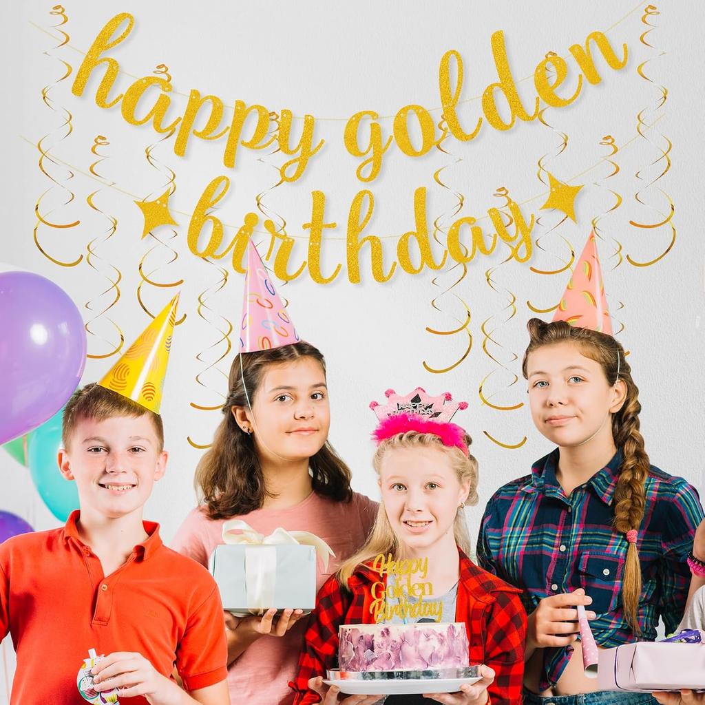 12Pcs Golden Birthday Party Decorations Includes Happy Golden Birthday Banner,10Pcs gold hanging swirls, 1Pcs Glitter Golde Cake Topper.