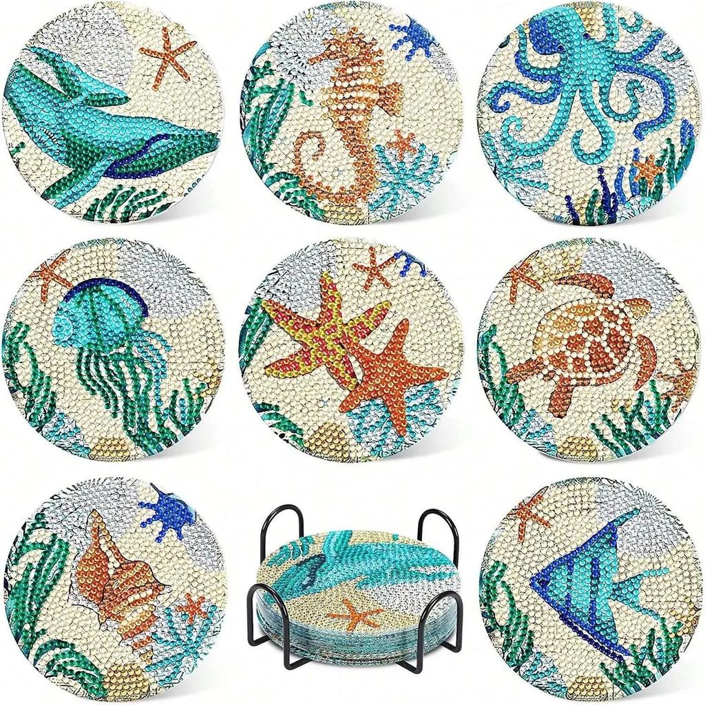8 Pcs Sea Creature Diamond Painting Coaster Set, Diy Acrylic Coaster With Stand, Diamond Painting Kits, Art Craft Supplies
