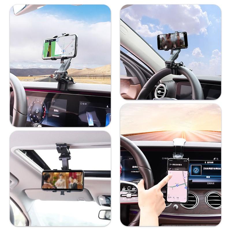 360° Car Rearview Mirror Phone Holder for Car Mount Phone and GPS Holder Support Rotating Adjustable Telescopic Phone Stand