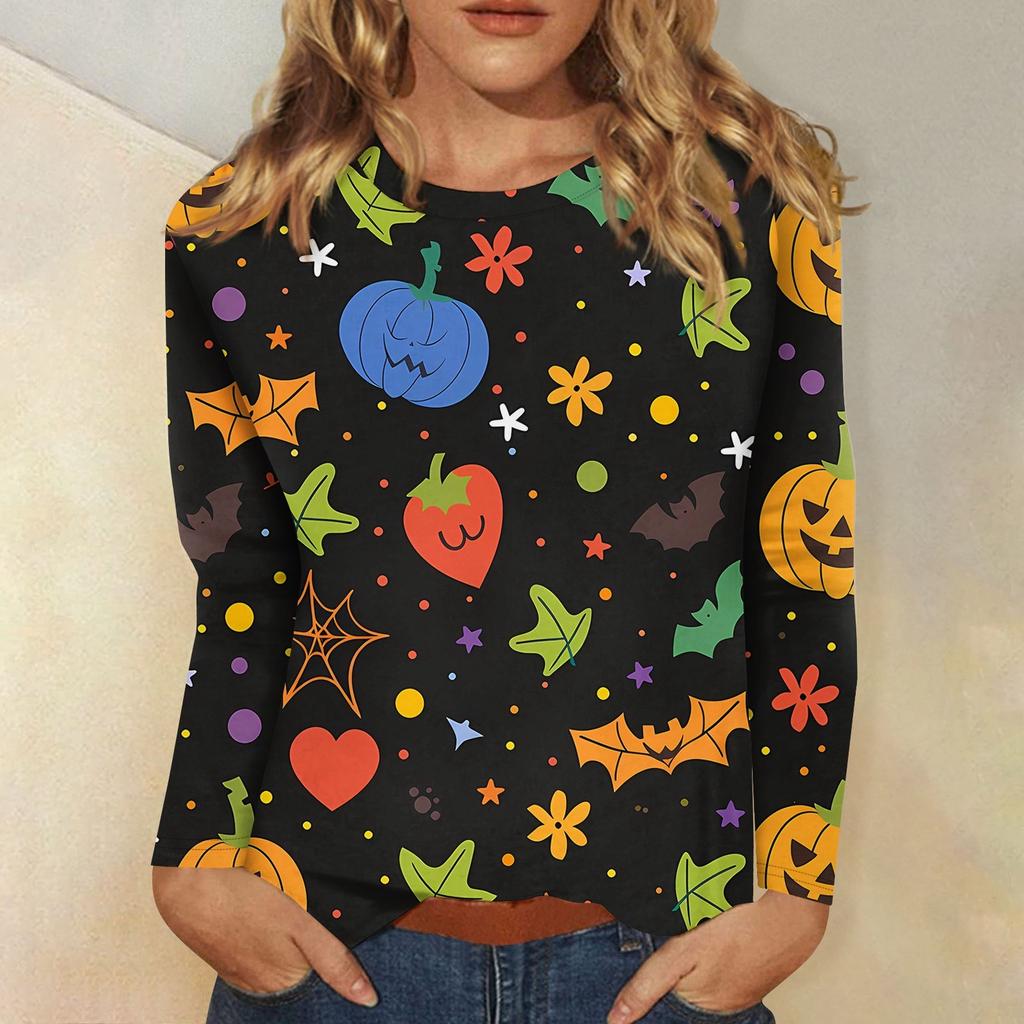 Women's Fashion Casual Halloween Printed Round Neck Long Sleeve Pullover Top